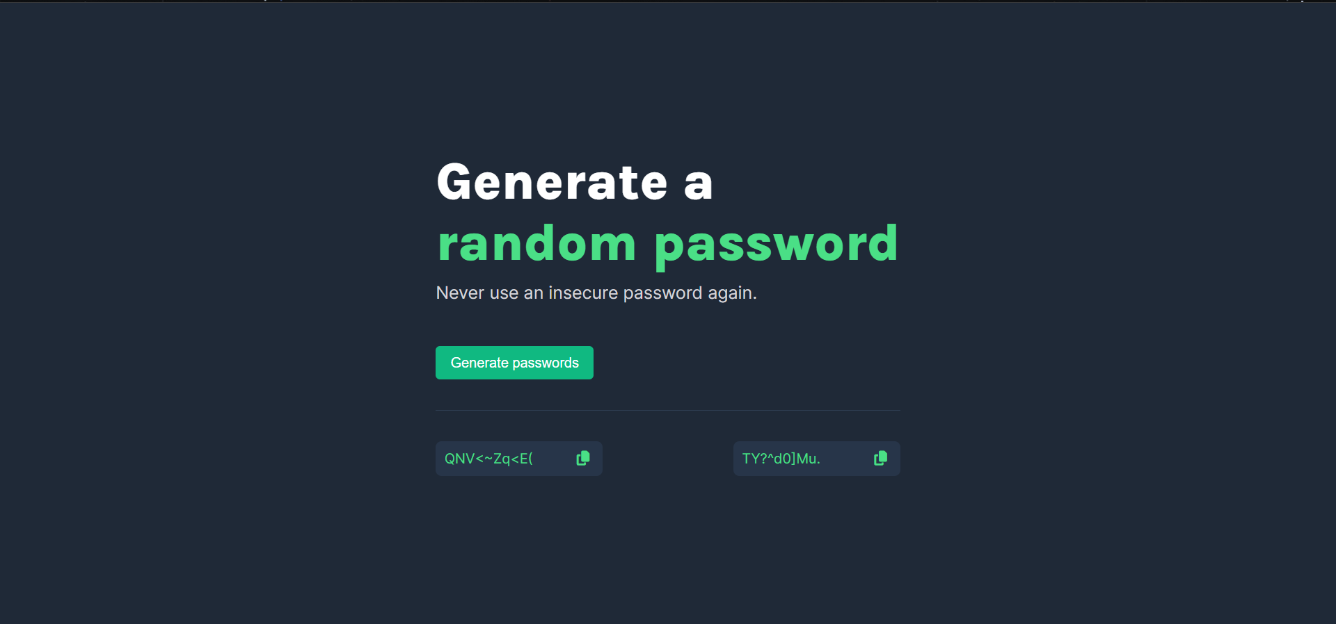 Screen of password generator project